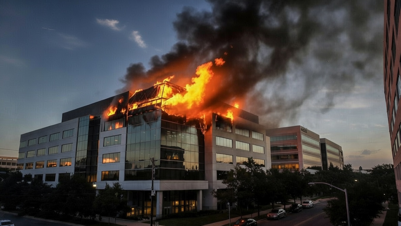 ভবনে অগ্নিকাণ্ডের এআই নির্মিত প্রতীকী চিত্র। ছবি: গ্রোক